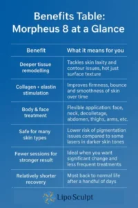 How Often Can I have Morpheus 8? 3 Table showing the benefits of Morpheus 8 treatment from Lipo Sculpt Stoke on Trent